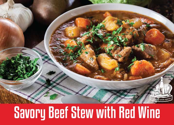 Savory Beef Stew with Red Wine recipe. This classic french recipe is the perfect warming one pot recipe for cold weather and Sunday suppers.